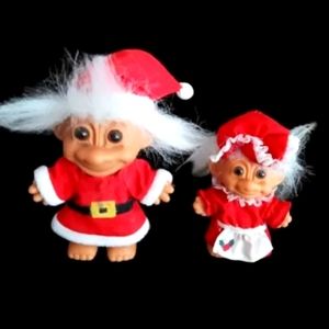 Vintage Russ Troll Dolls Santa Claus & Mrs Claus Christmas Ornament Lot of 2